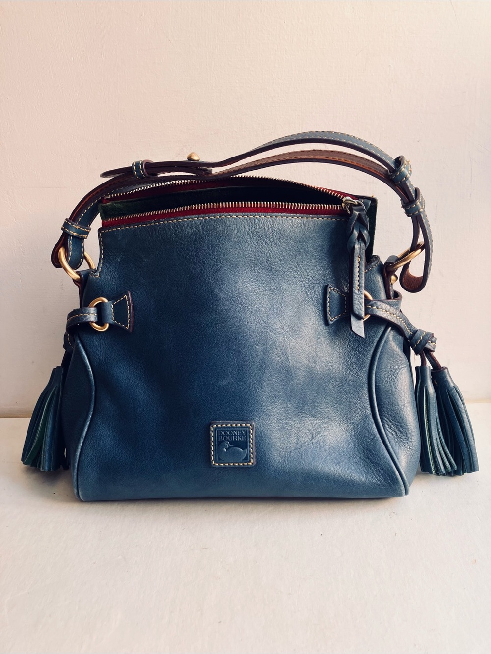 Dooney & Bourke Purse Navy Blue Pebbled Grain Leather Tassle Shoulder Bag